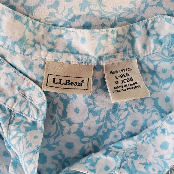 LL Bean Floral Short Sleeve Ruffle Blouse Sz L Blue White Cottagecore Prairie - Picture 3 of 4